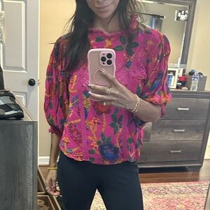 Farm Rio Pink and Blue Floral Blouse